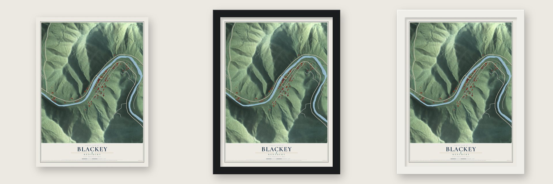 Blackey, Kentucky map unframed, in a black wood frame and in a white wood frame