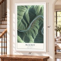 Blackey, Kentucky map, 24 x 36 inch print in a white frame by a staircase