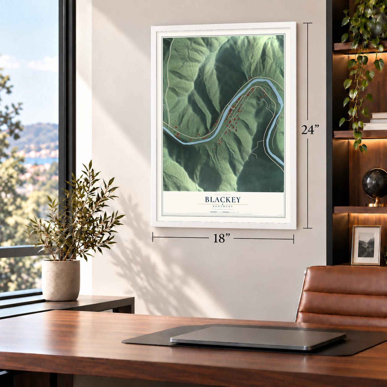Blackey, Kentucky map, 18 x 24 inch print in a white frame in a home office