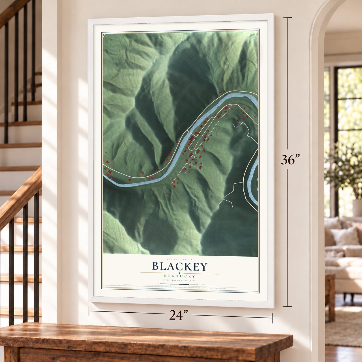 Blackey, Kentucky map, 24 x 36 inch print in a white frame by a staircase