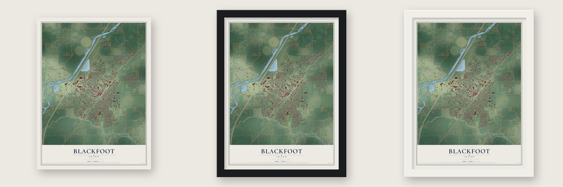 Blackfoot, Idaho map unframed, in a black wood frame and in a white wood frame