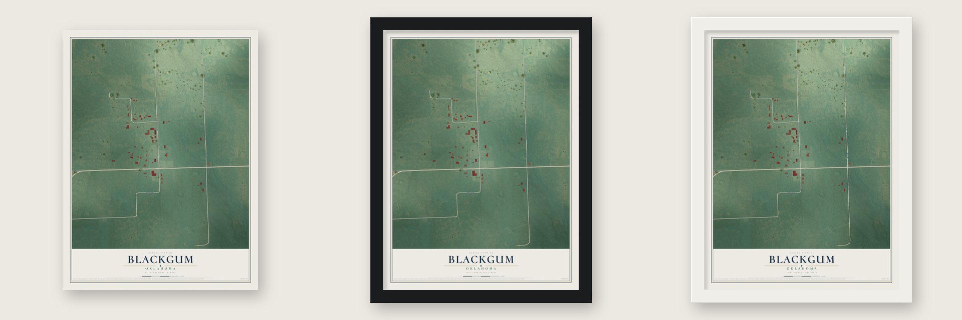 Blackgum, Oklahoma map unframed, in a black wood frame and in a white wood frame