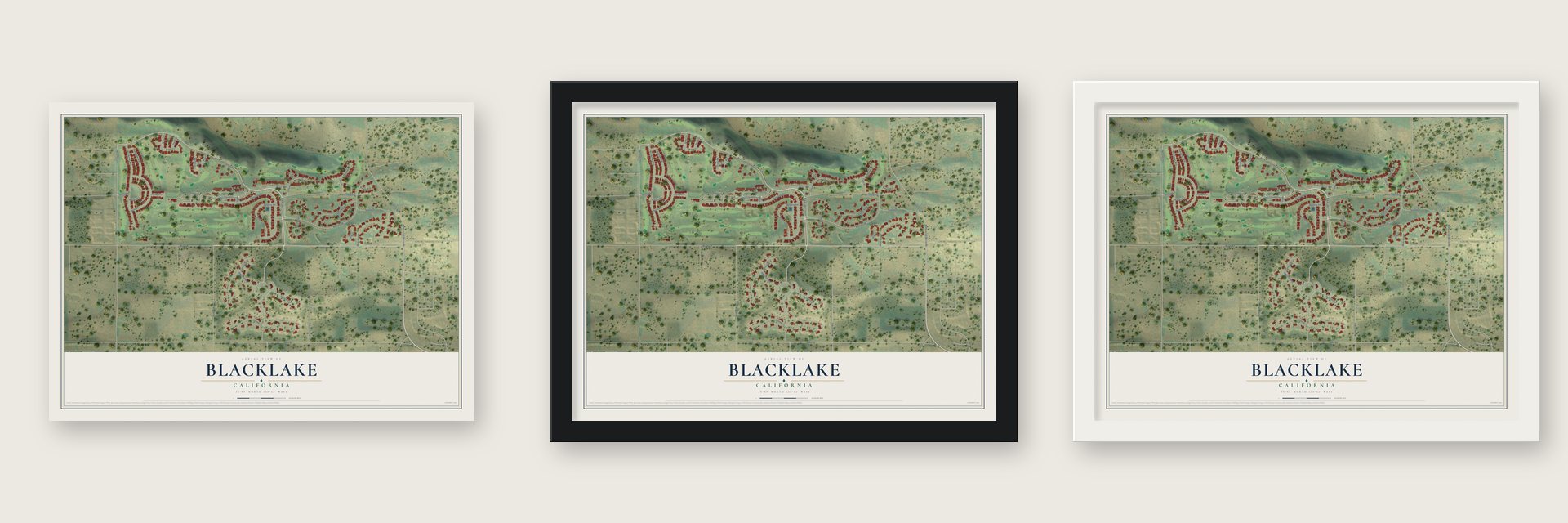 Blacklake, California map unframed, in a black wood frame and in a white wood frame