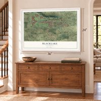 Blacklake, California map, 24 x 36 inch print in a white frame above a dresser by a staircase