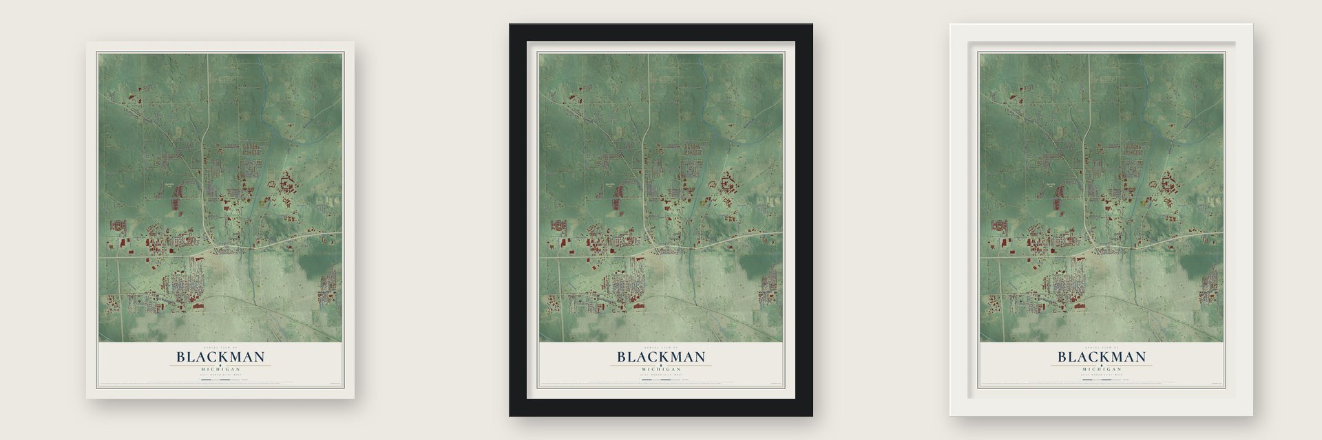 Blackman, Michigan map unframed, in a black wood frame and in a white wood frame