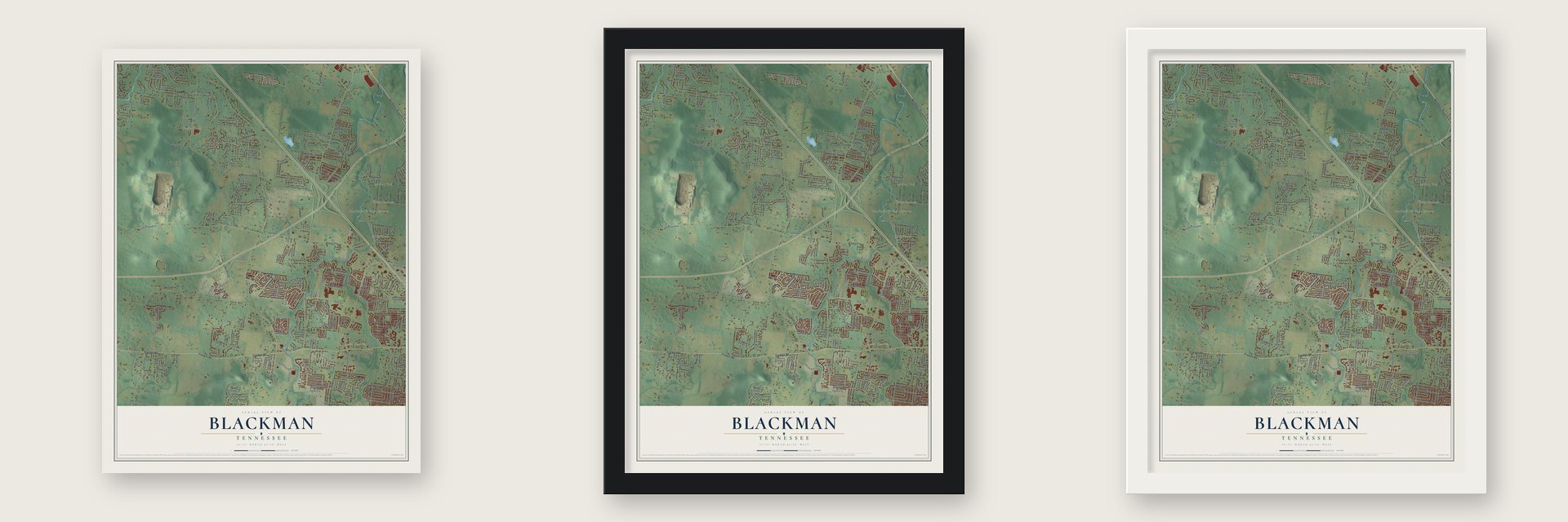 Blackman, Tennessee map unframed, in a black wood frame and in a white wood frame