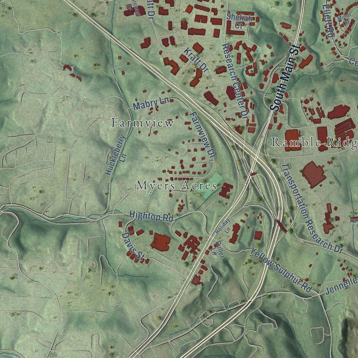Second close-up of the map of Blacksburg, Virginia print showing more streets and buildings