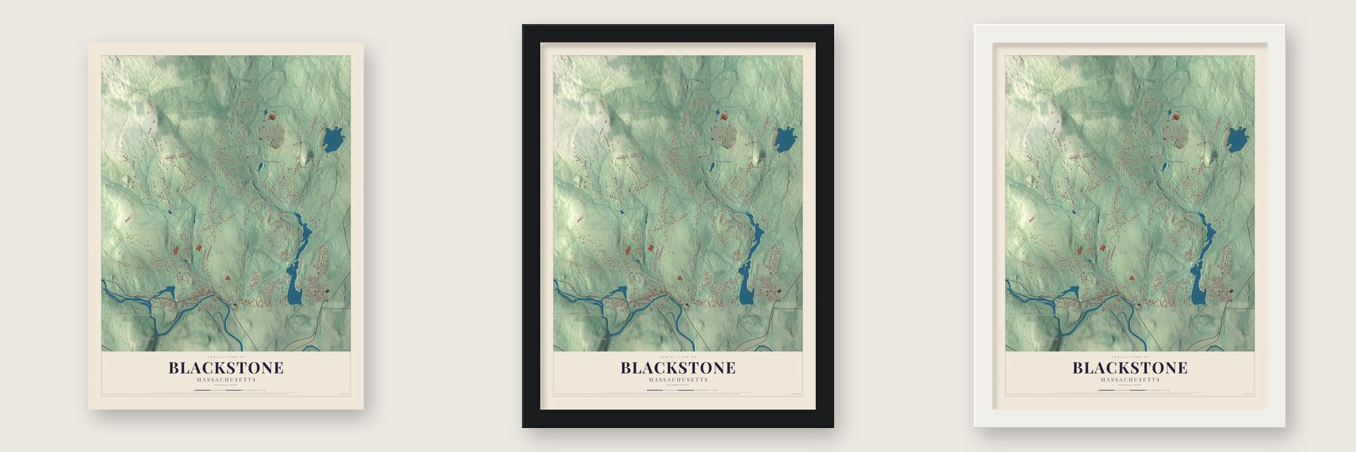 Blackstone, Massachusetts map unframed, in a black wood frame and in a white wood frame