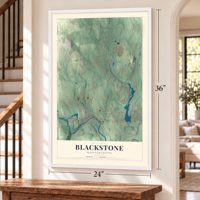 Blackstone, Massachusetts map, 24 x 36 inch print in a white frame by a staircase