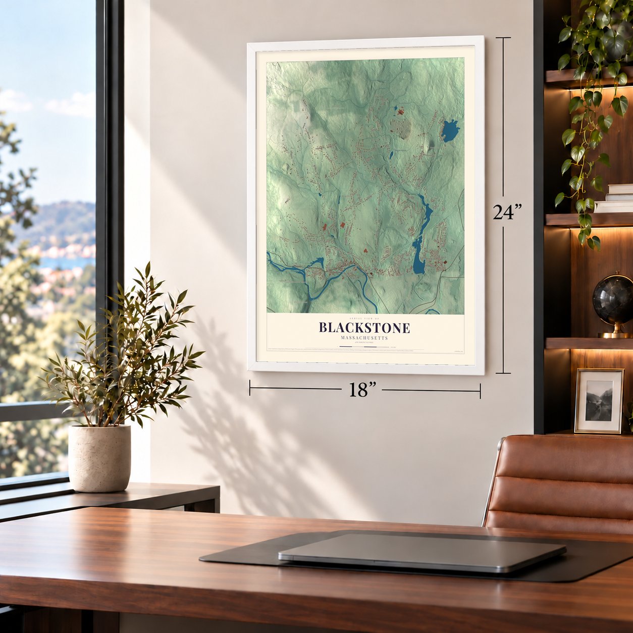 Blackstone, Massachusetts map, 18 x 24 inch print in a white frame in a home office