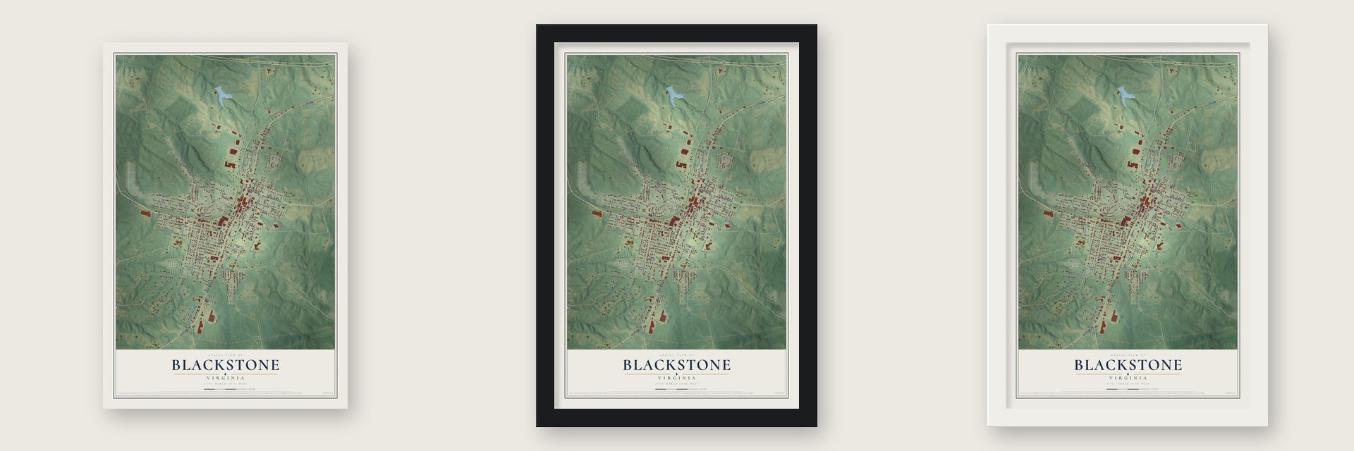 Blackstone, Virginia map unframed, in a black wood frame and in a white wood frame