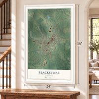 Blackstone, Virginia map, 24 x 36 inch print in a white frame by a staircase