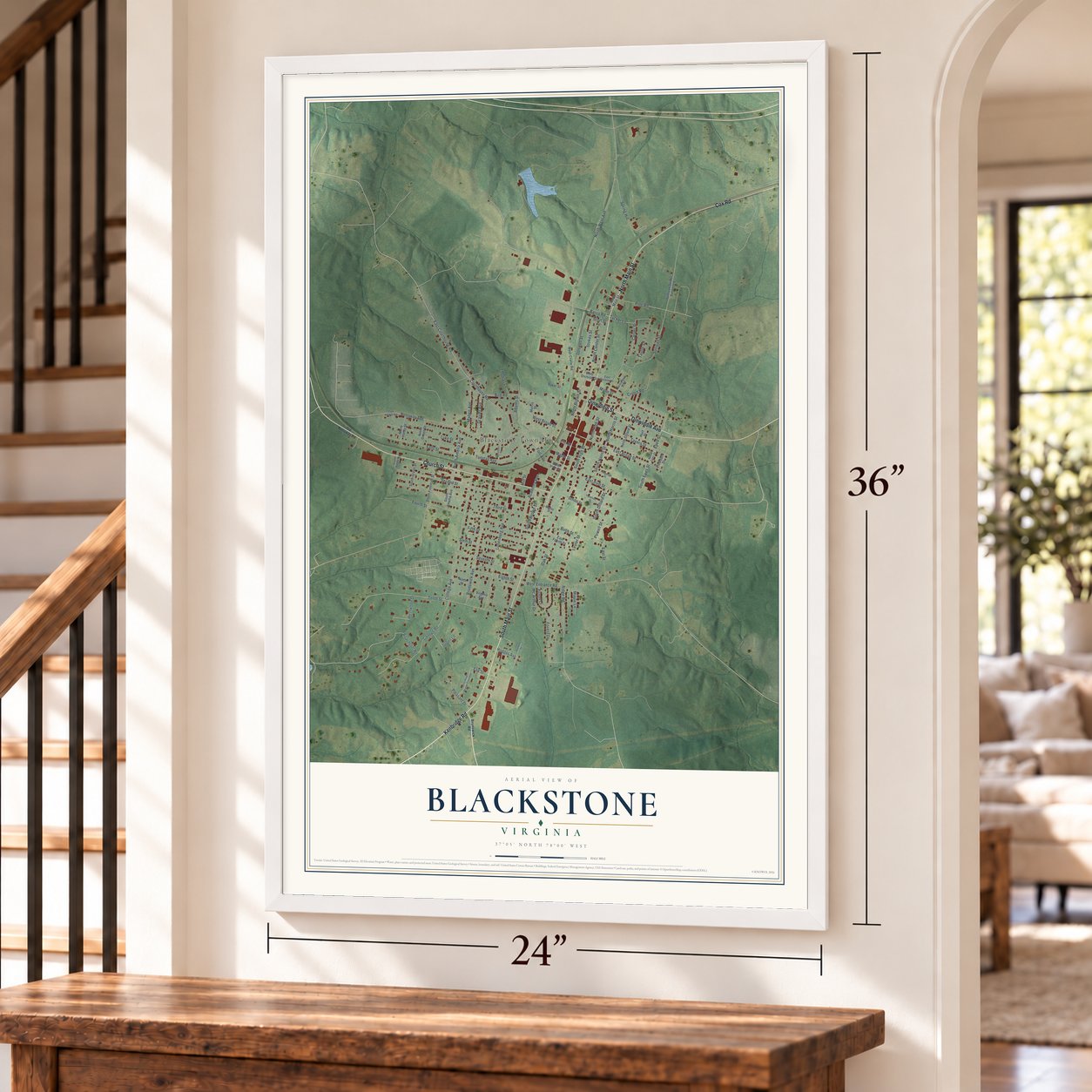 Blackstone, Virginia map, 24 x 36 inch print in a white frame by a staircase
