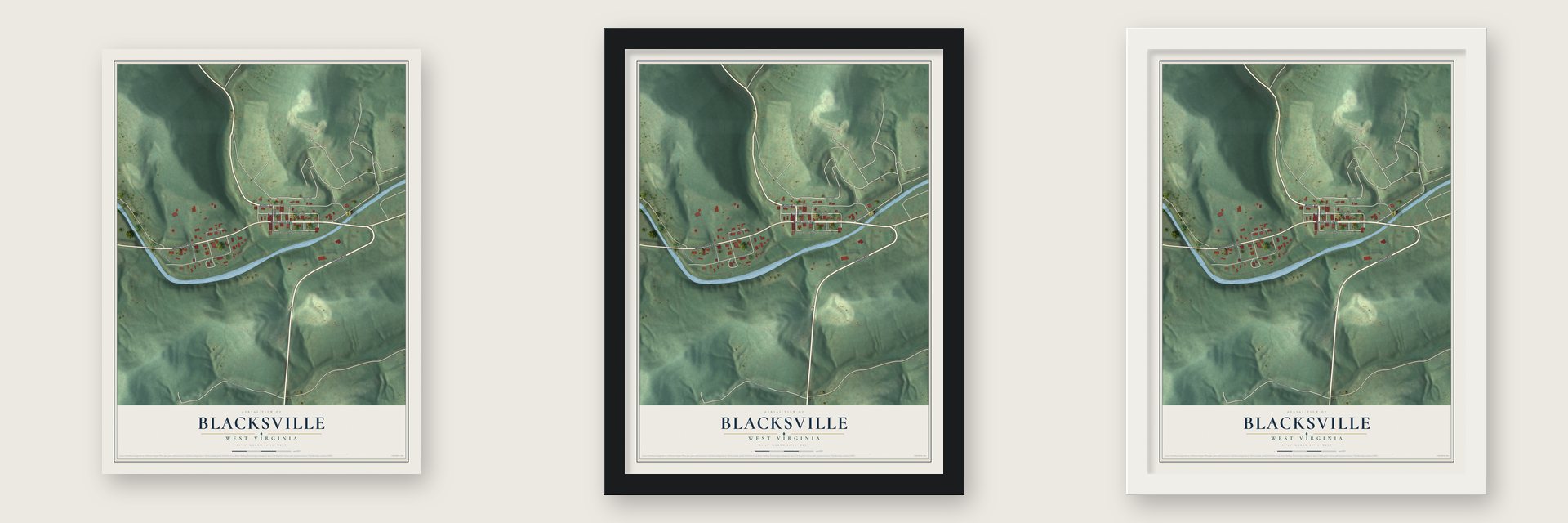 Blacksville, West Virginia map unframed, in a black wood frame and in a white wood frame