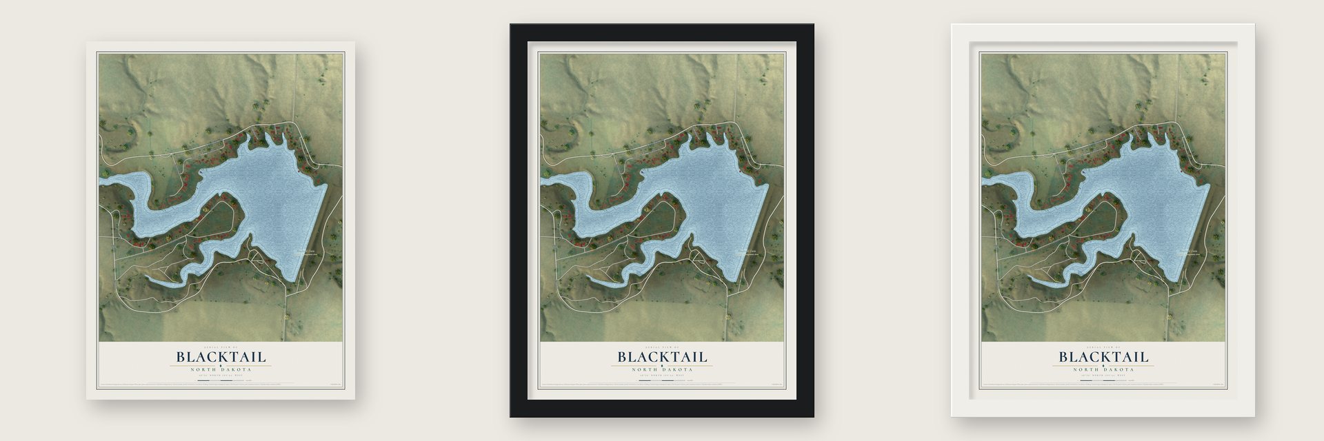 Blacktail, North Dakota map unframed, in a black wood frame and in a white wood frame