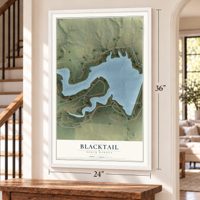 Blacktail, North Dakota map, 24 x 36 inch print in a white frame by a staircase