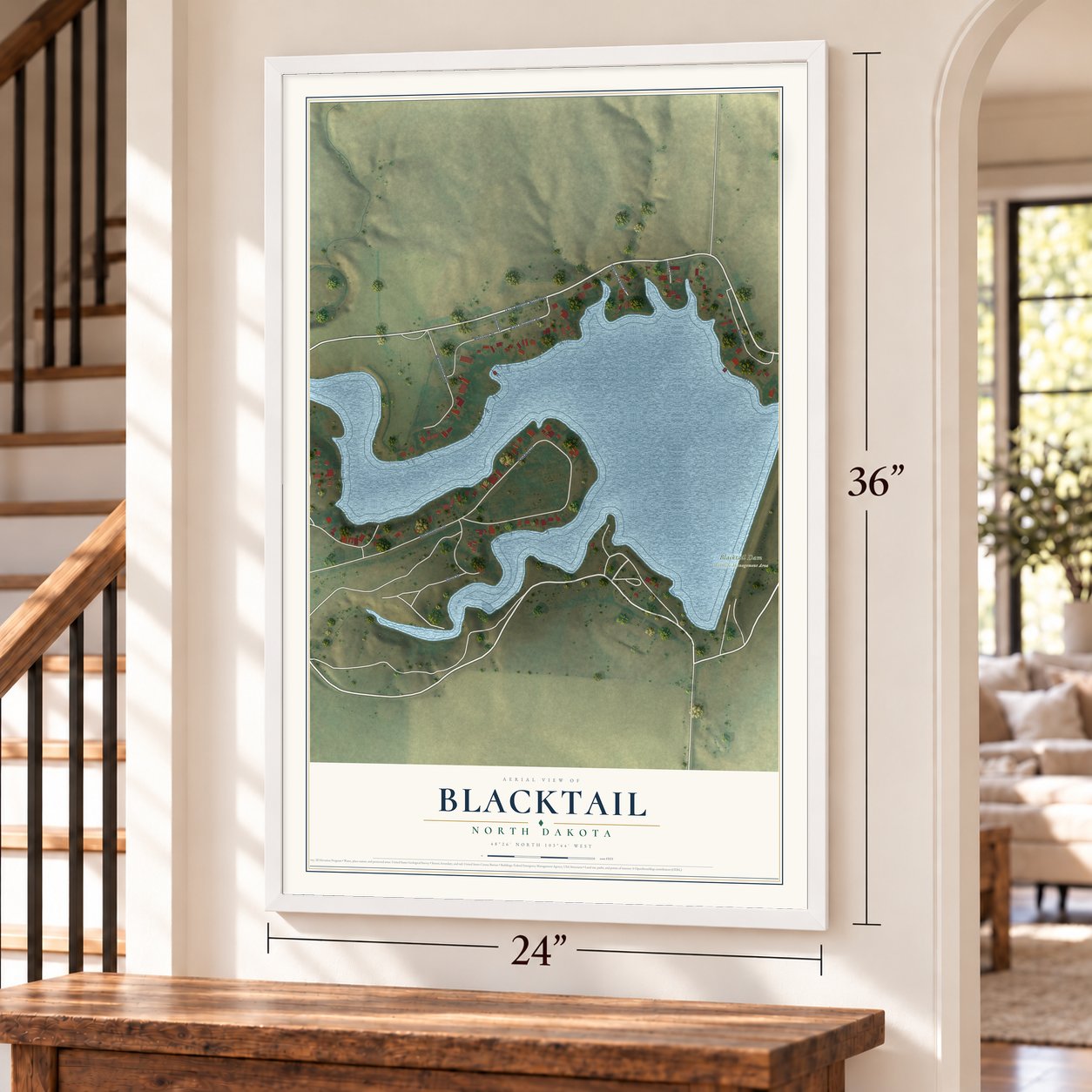 Blacktail, North Dakota map, 24 x 36 inch print in a white frame by a staircase