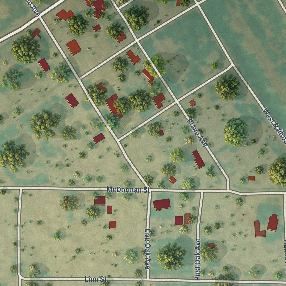 Second close-up of the map of Blackwell, Texas print showing more streets and buildings