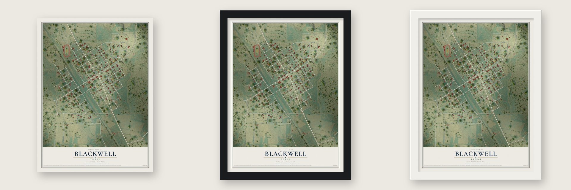 Blackwell, Texas map unframed, in a black wood frame and in a white wood frame