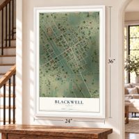 Blackwell, Texas map, 24 x 36 inch print in a white frame by a staircase