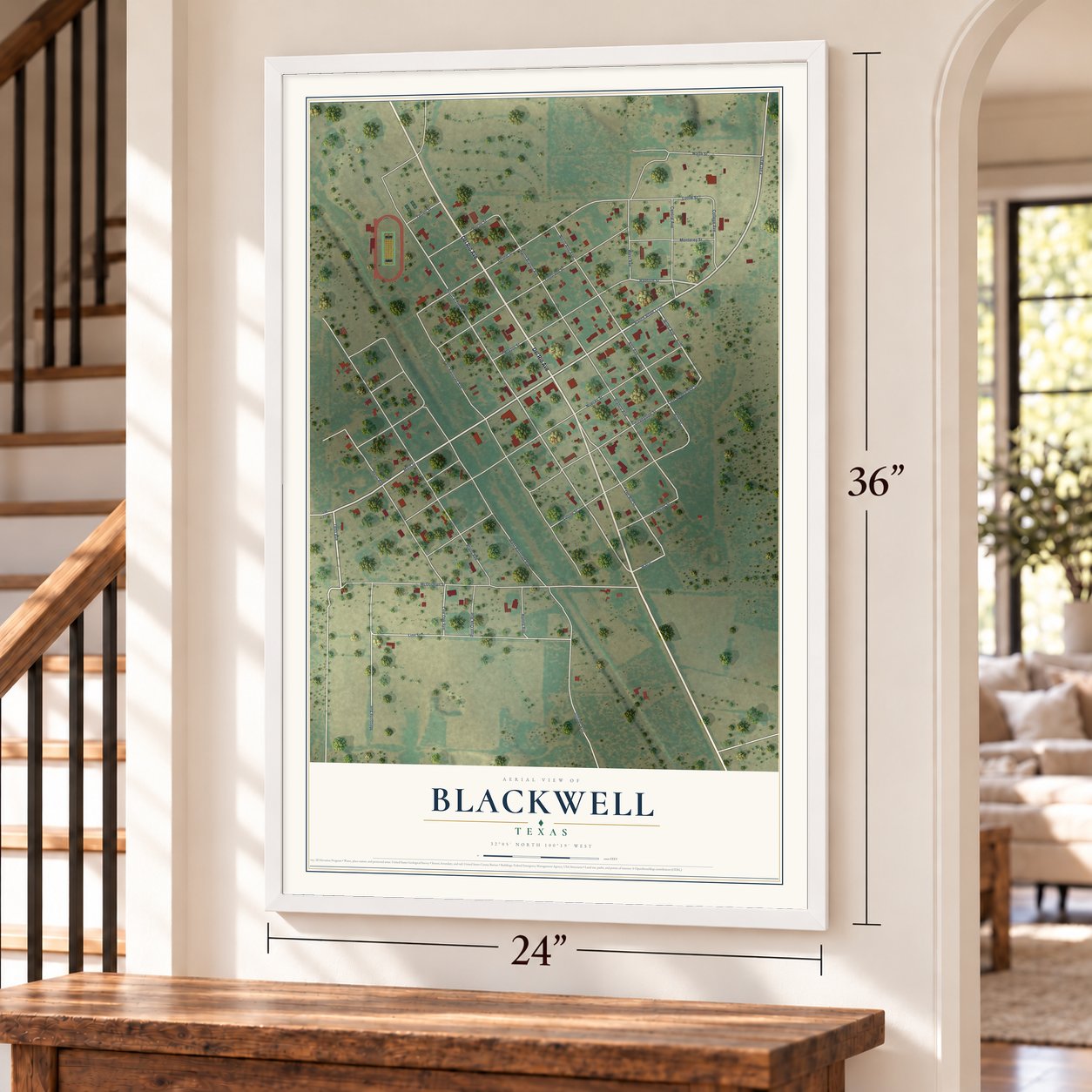 Blackwell, Texas map, 24 x 36 inch print in a white frame by a staircase
