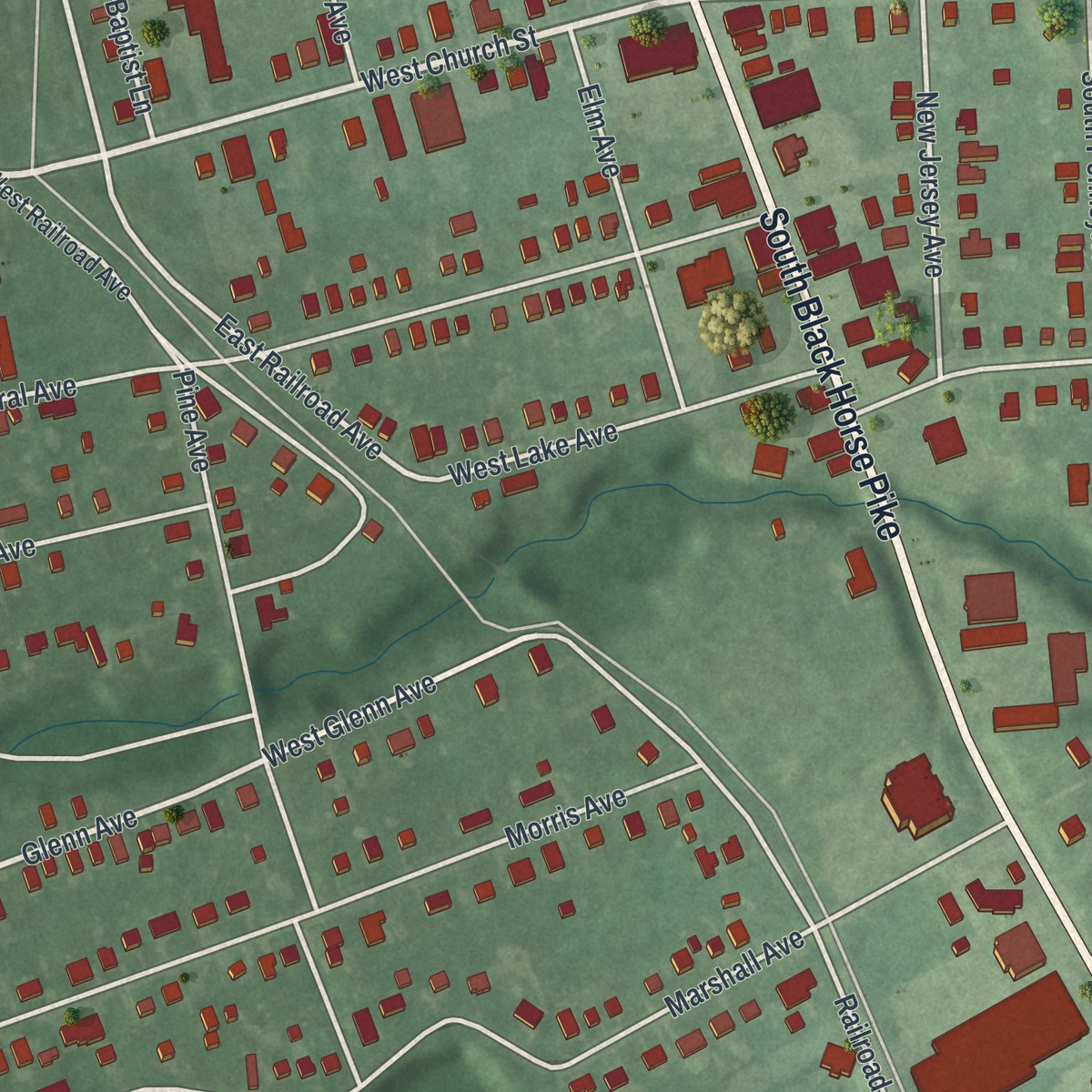 Second close-up of the map of Blackwood, New Jersey print showing more streets and buildings