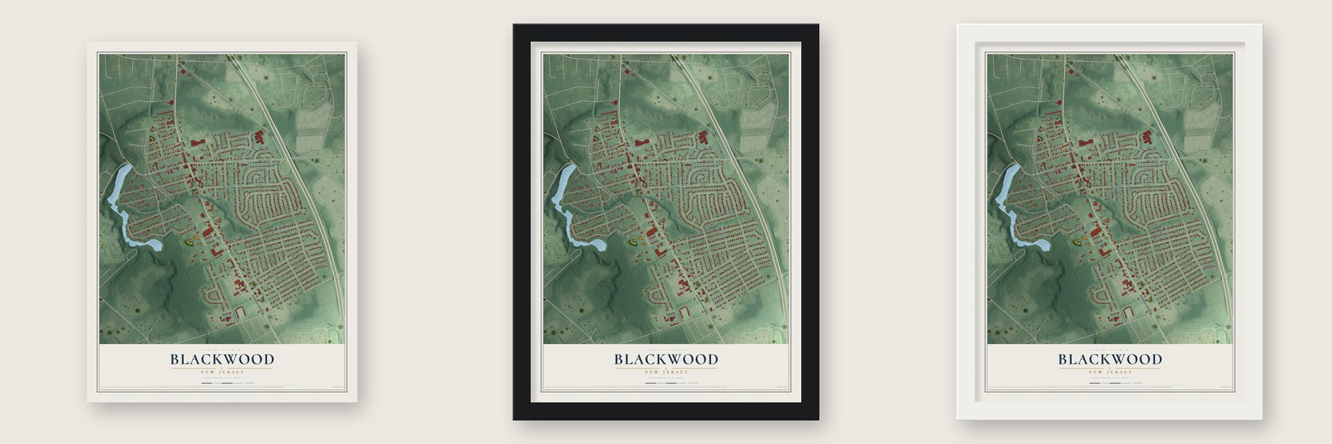 Blackwood, New Jersey map unframed, in a black wood frame and in a white wood frame