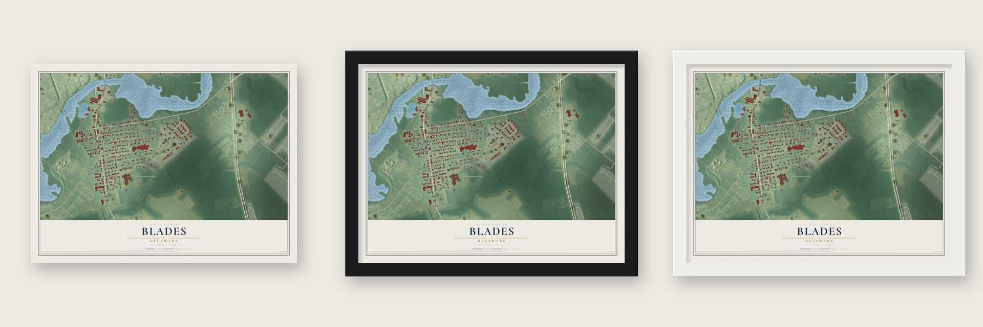 Blades, Delaware map unframed, in a black wood frame and in a white wood frame
