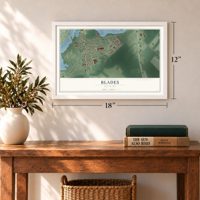 Blades, Delaware map, 12 x 18 inch print in a white frame in an entryway