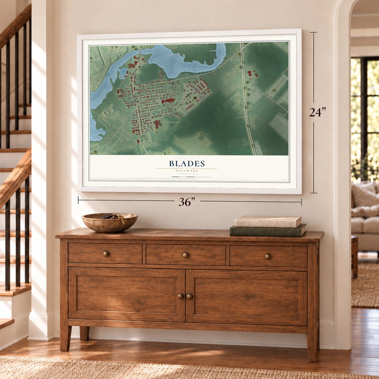 Blades, Delaware map, 24 x 36 inch print in a white frame above a dresser by a staircase