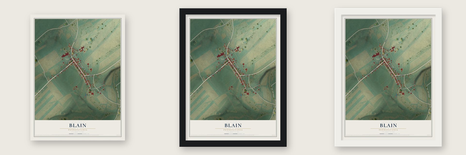 Blain, Pennsylvania map unframed, in a black wood frame and in a white wood frame