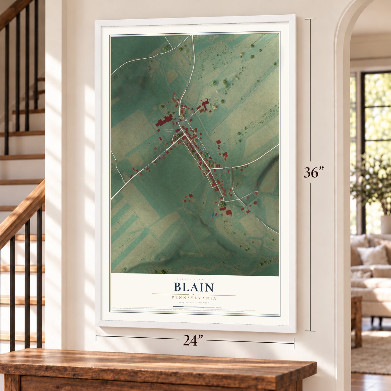 Blain, Pennsylvania map, 24 x 36 inch print in a white frame by a staircase