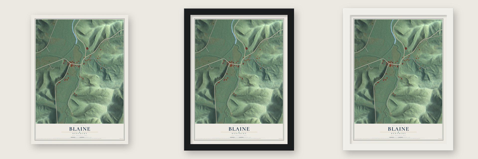 Blaine, Kentucky map unframed, in a black wood frame and in a white wood frame