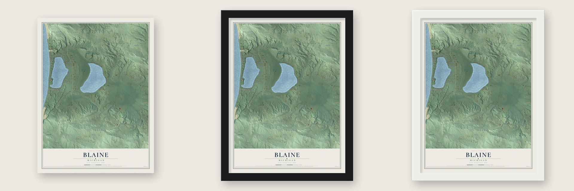 Blaine, Michigan map unframed, in a black wood frame and in a white wood frame