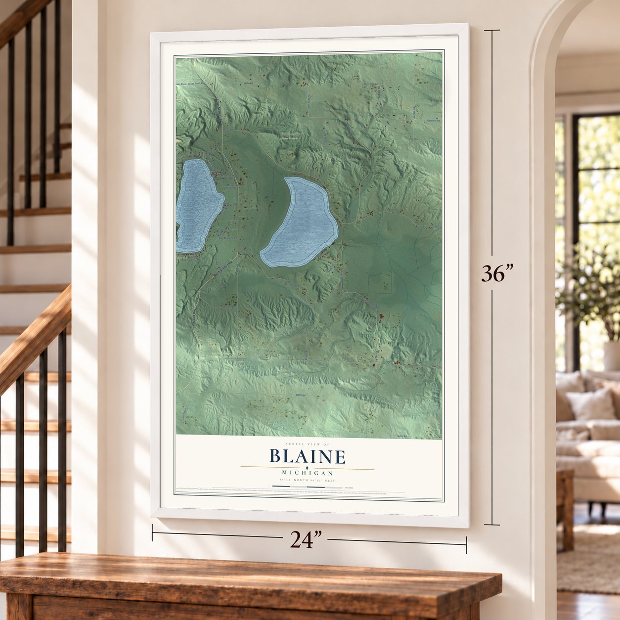Blaine, Michigan map, 24 x 36 inch print in a white frame by a staircase