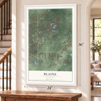Blaine, Minnesota map, 24 x 36 inch print in a white frame by a staircase