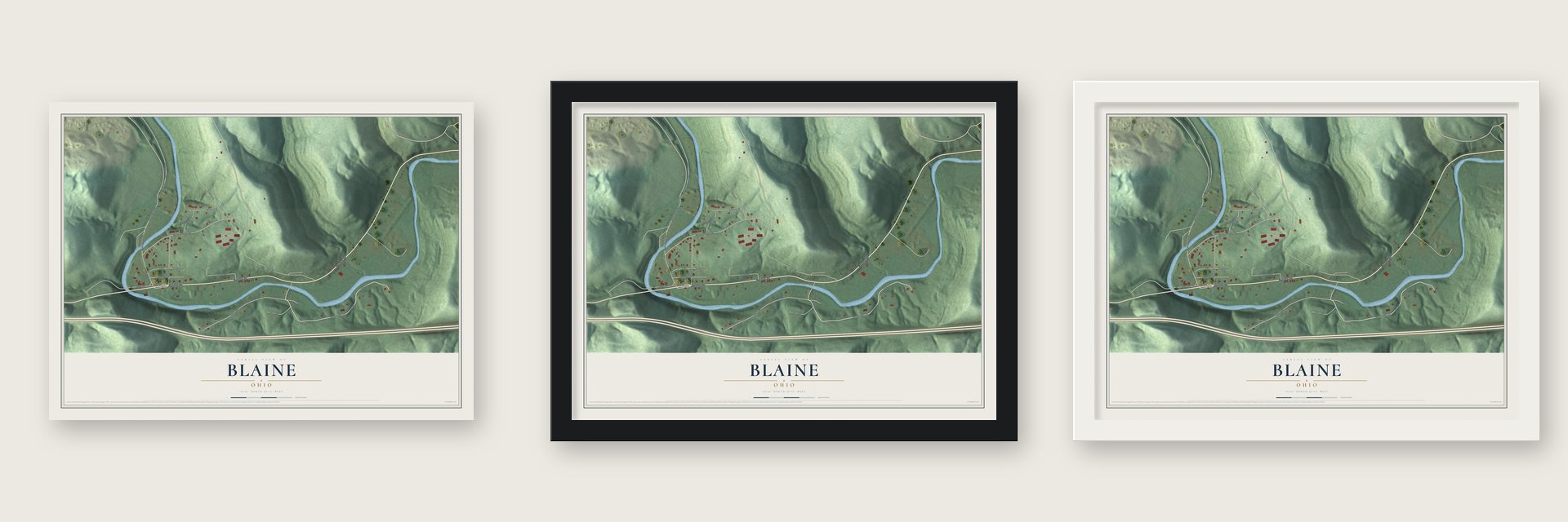 Blaine, Ohio map unframed, in a black wood frame and in a white wood frame