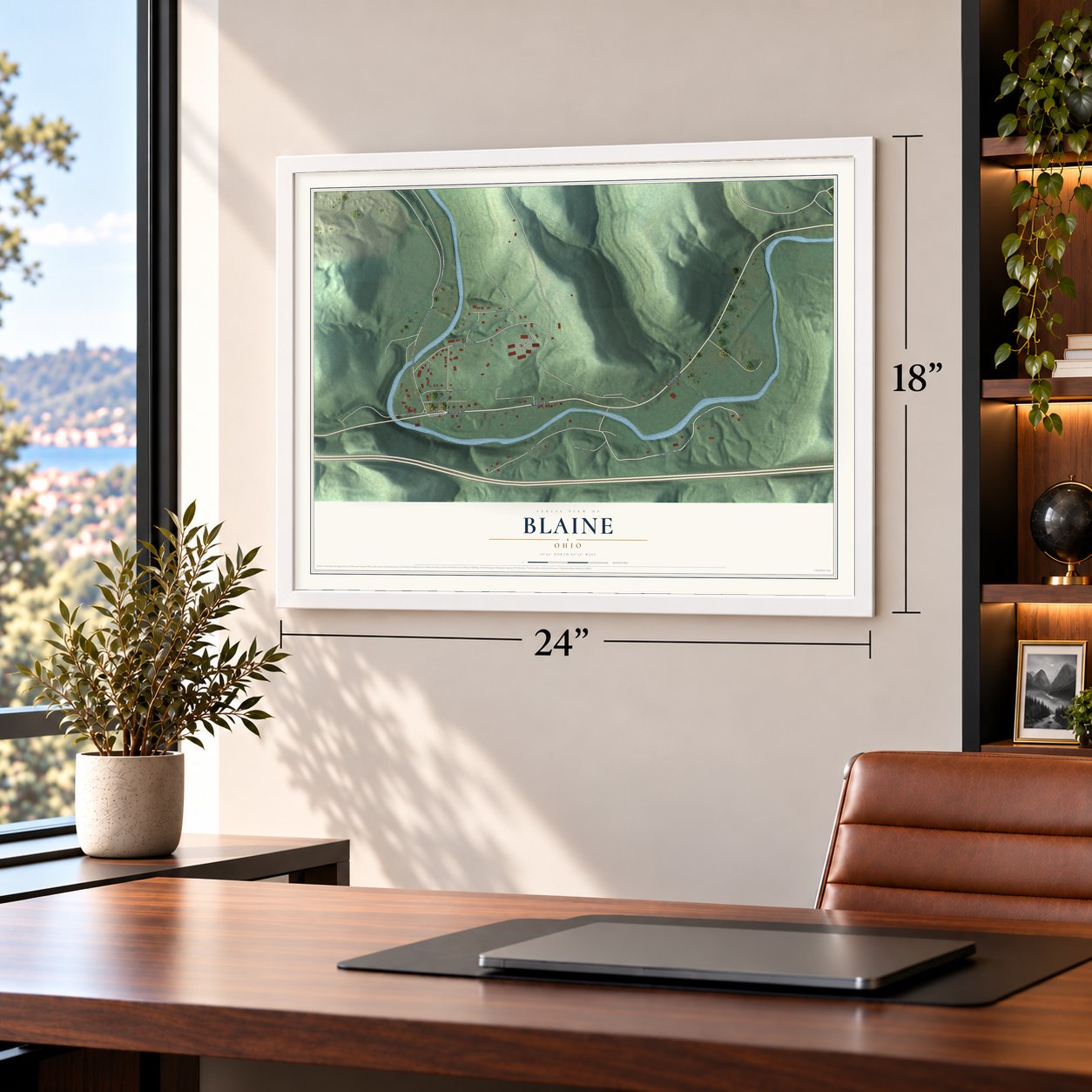 Blaine, Ohio map, 18 x 24 inch print in a white frame in a home office