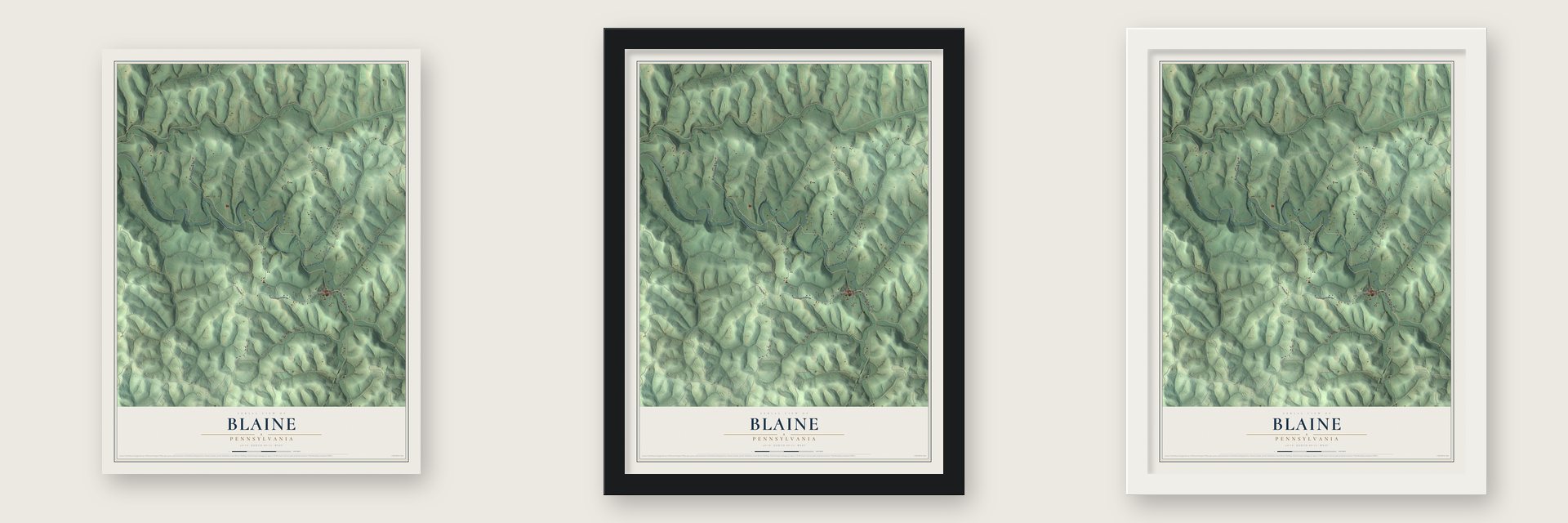 Blaine, Pennsylvania map unframed, in a black wood frame and in a white wood frame