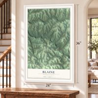 Blaine, Pennsylvania map, 24 x 36 inch print in a white frame by a staircase
