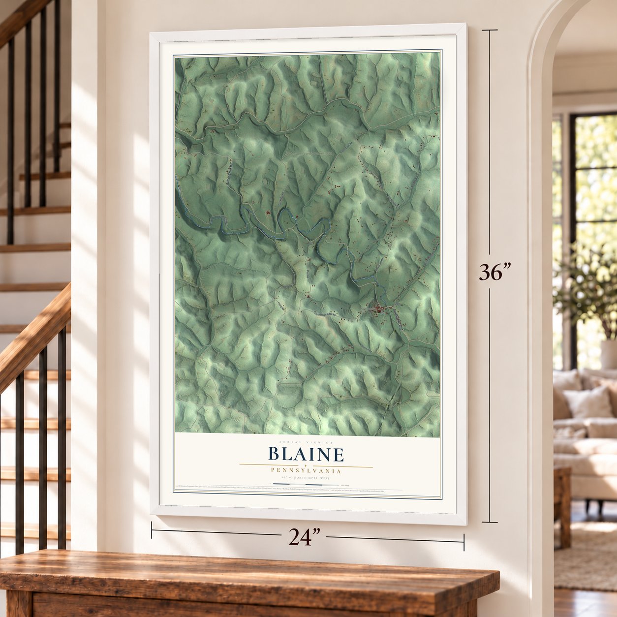 Blaine, Pennsylvania map, 24 x 36 inch print in a white frame by a staircase