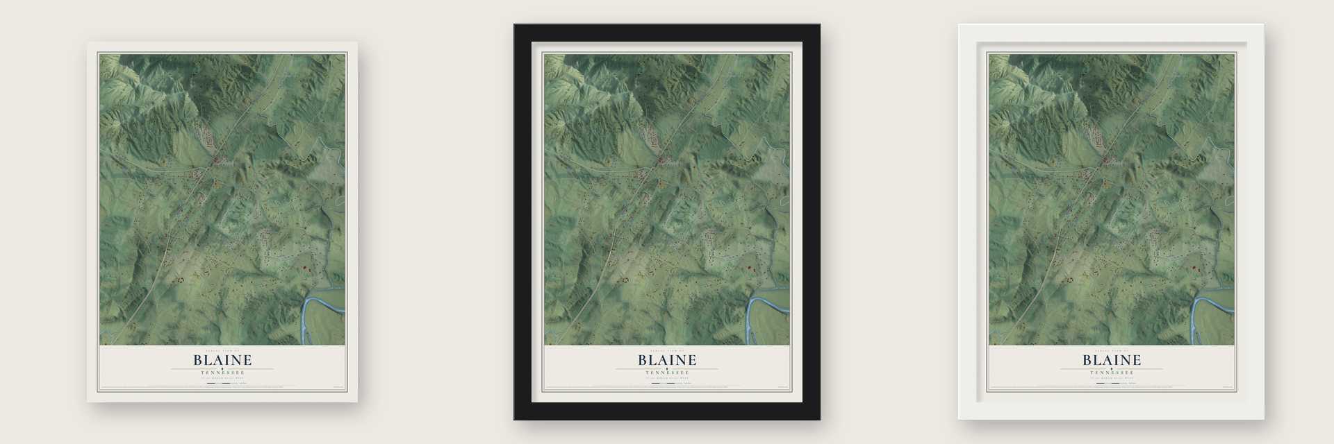 Blaine, Tennessee map unframed, in a black wood frame and in a white wood frame