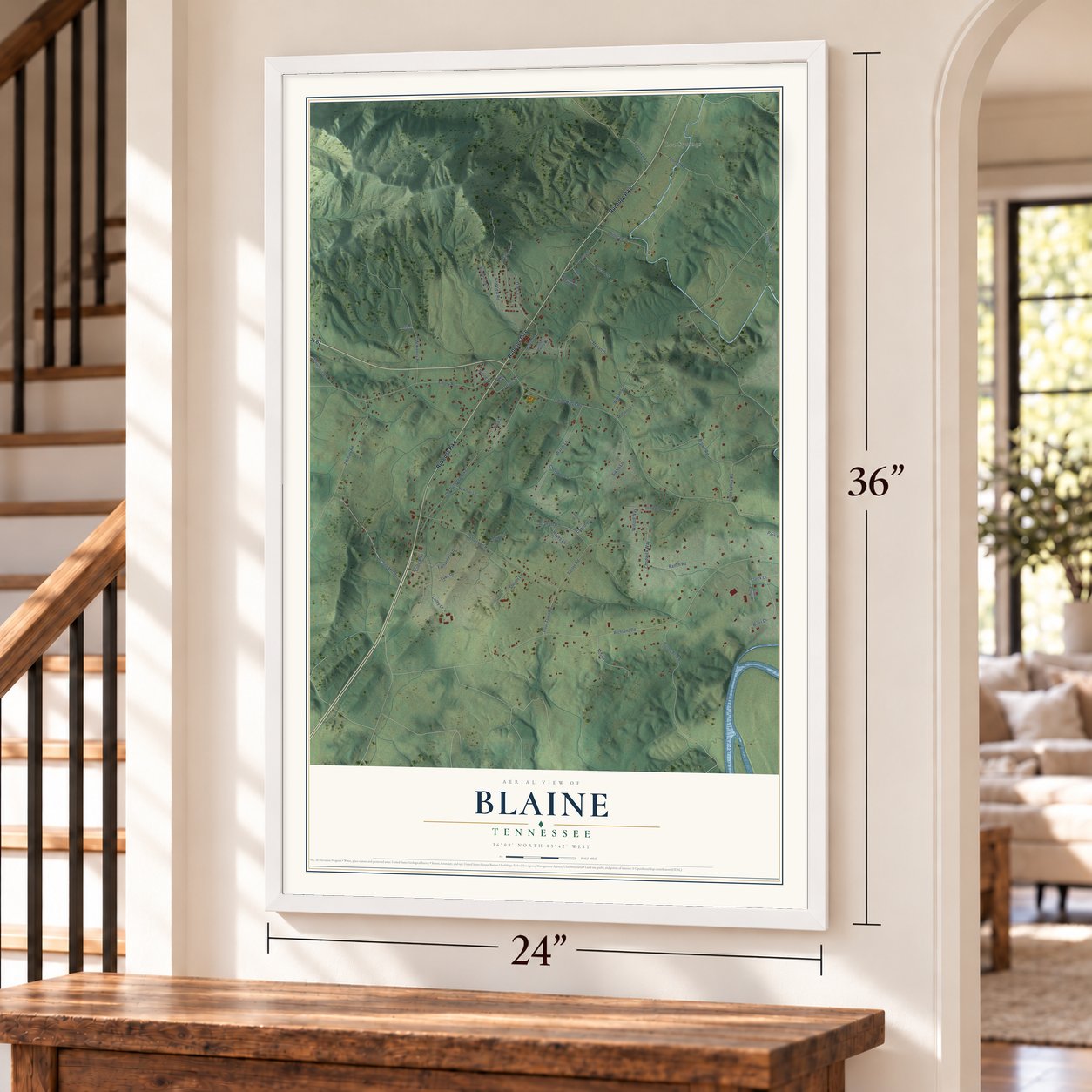Blaine, Tennessee map, 24 x 36 inch print in a white frame by a staircase