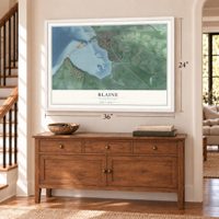 Blaine, Washington map, 24 x 36 inch print in a white frame above a dresser by a staircase