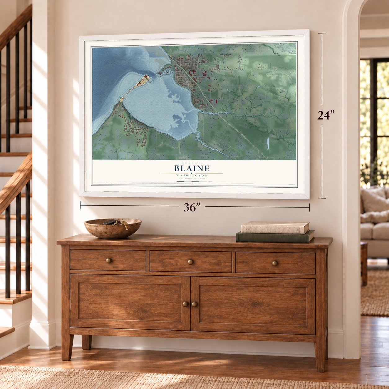 Blaine, Washington map, 24 x 36 inch print in a white frame above a dresser by a staircase