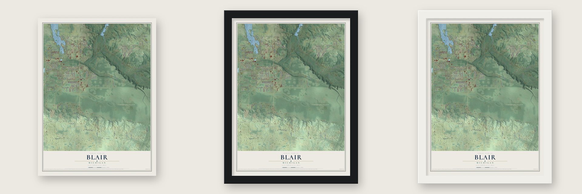 Blair, Michigan map unframed, in a black wood frame and in a white wood frame