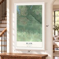 Blair, Michigan map, 24 x 36 inch print in a white frame by a staircase