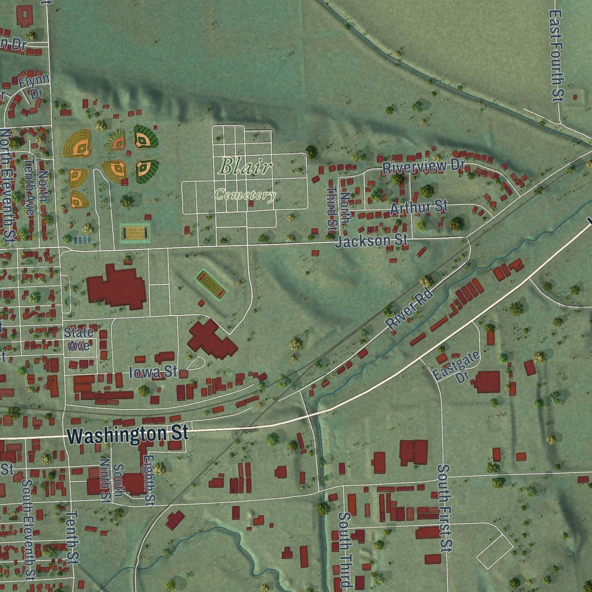 Second close-up of the map of Blair, Nebraska print showing more streets and buildings