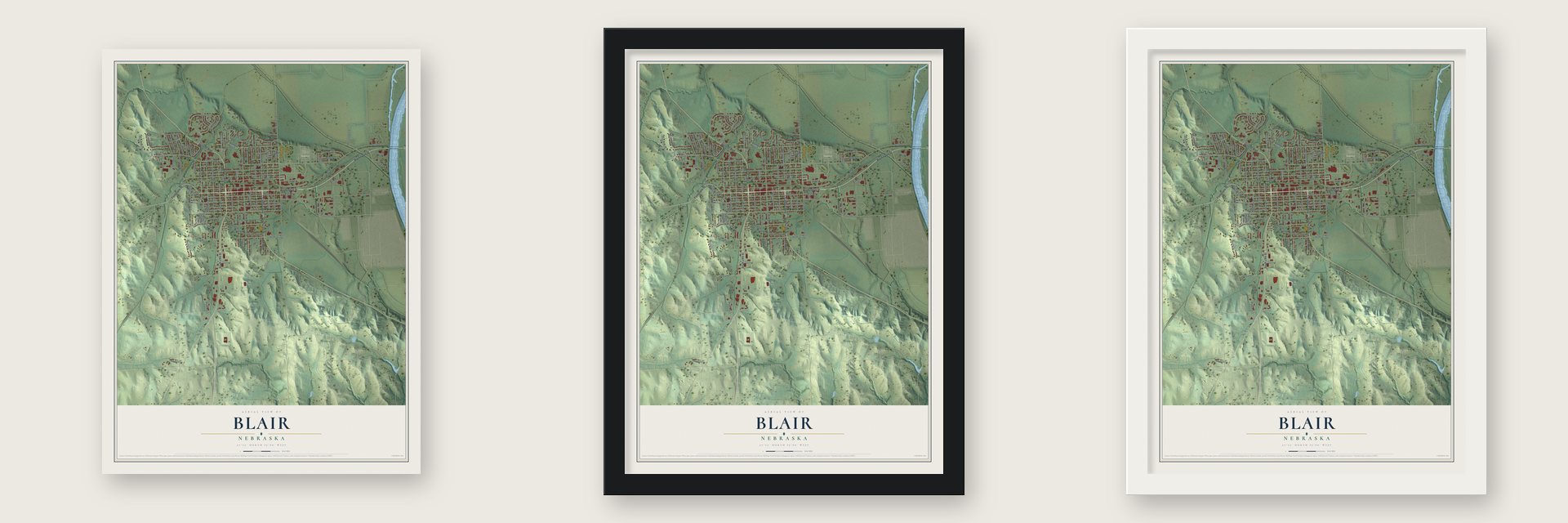 Blair, Nebraska map unframed, in a black wood frame and in a white wood frame
