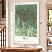 Blair, Nebraska map, 24 x 36 inch print in a white frame by a staircase